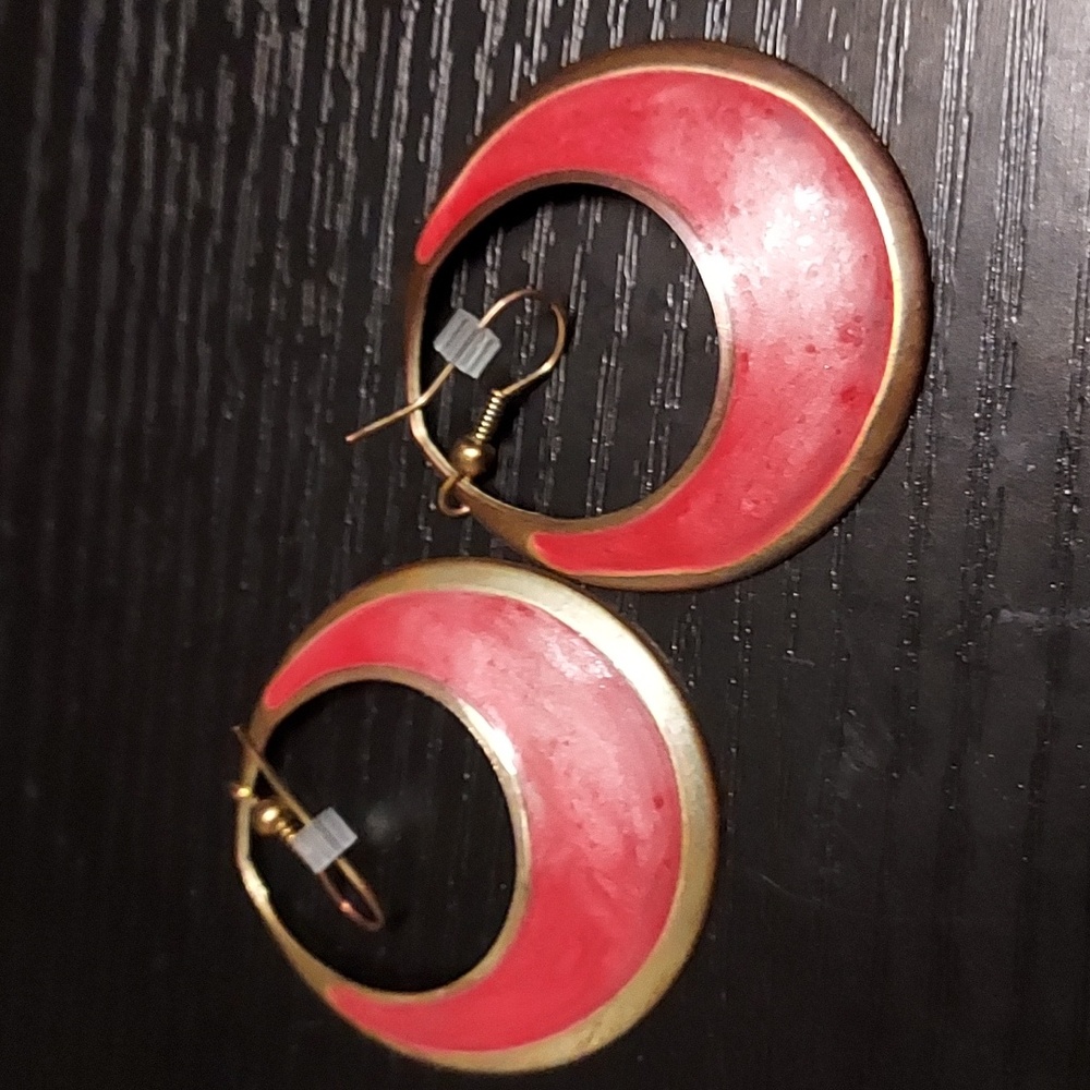 Vintage red and brass tone crescent moon hoop earrings